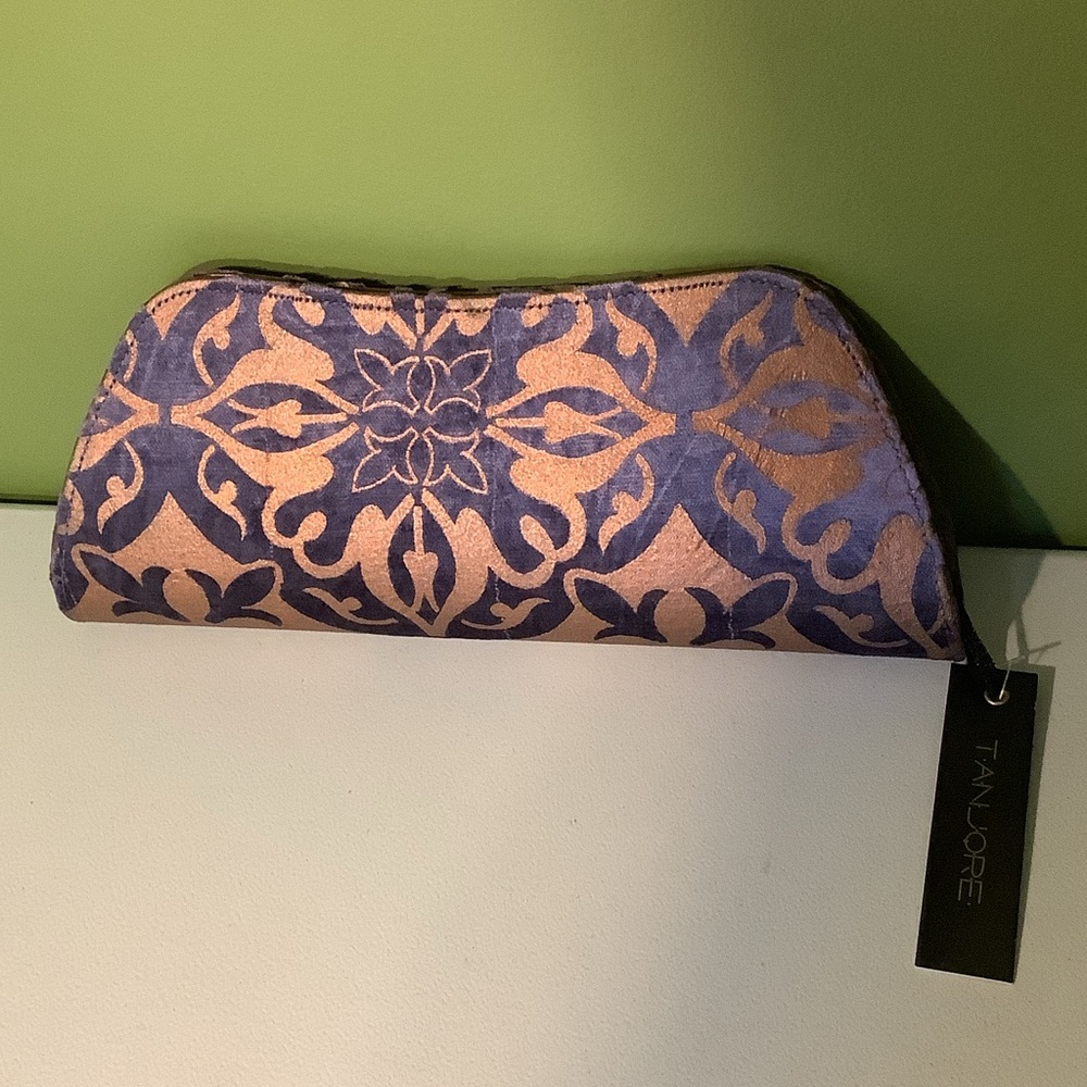 Tanjore copper painted blue velvet clutch, NWT